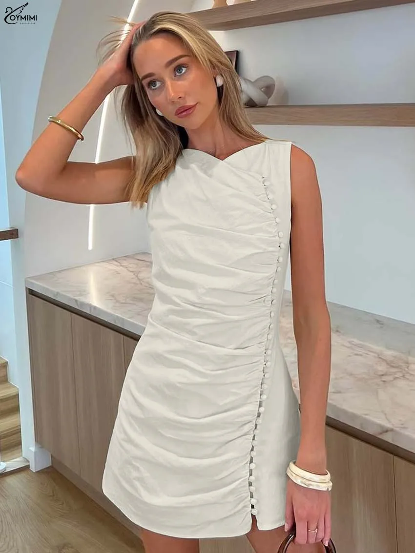 

Oymimi Autumn Beige Cotton Dresses For Woman Fashion Sleeveless Slim Single Breasted Dresses Elegant Straight Mini Dress Female