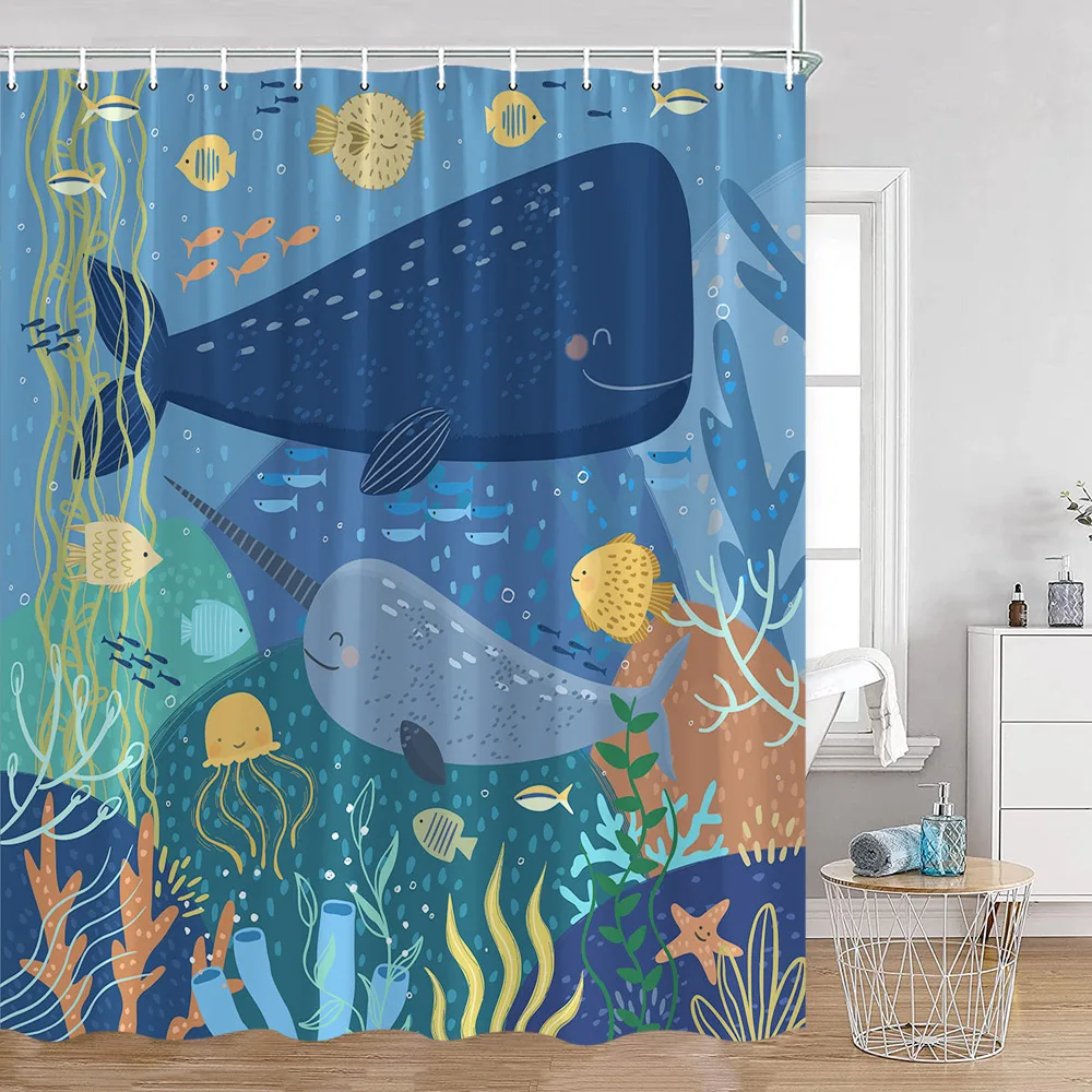 Cartoon Shower Curtains Ocean Animals Cute Whales Sharks Bathroom Curtai Kid Bath Decor Polyester Bathtub Decoration with Hooks