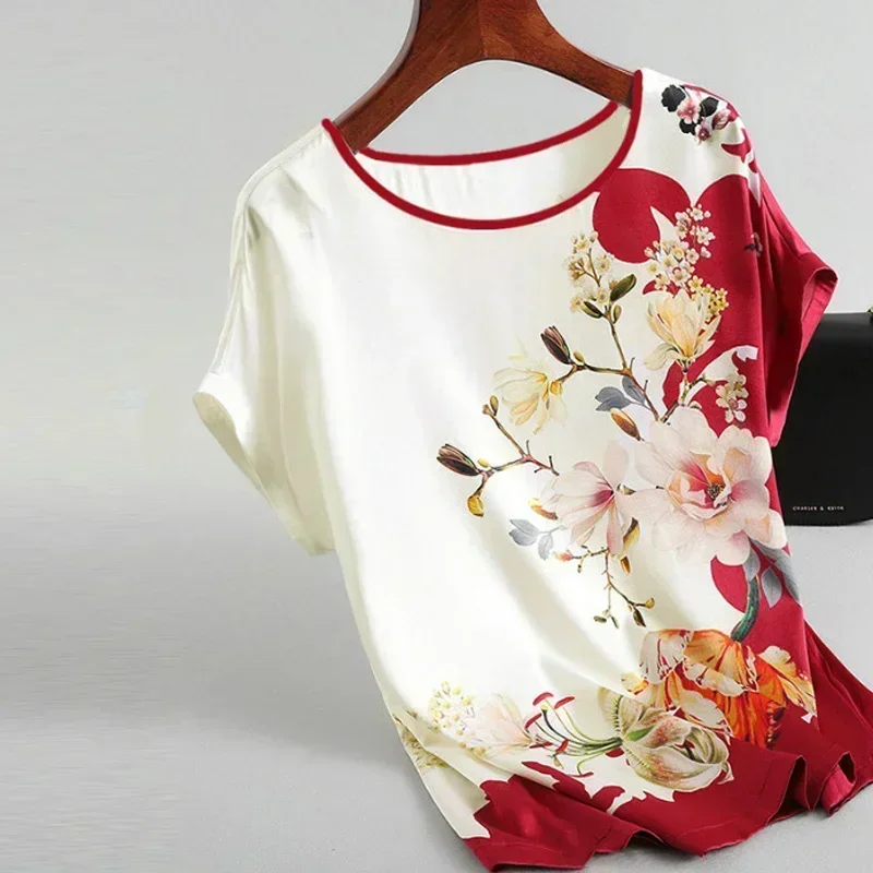 

Print Floral Blouse Women Silk Satin Blouses Plus size Batwing sleeve Vintage Ladies Casual Short sleeve Tops