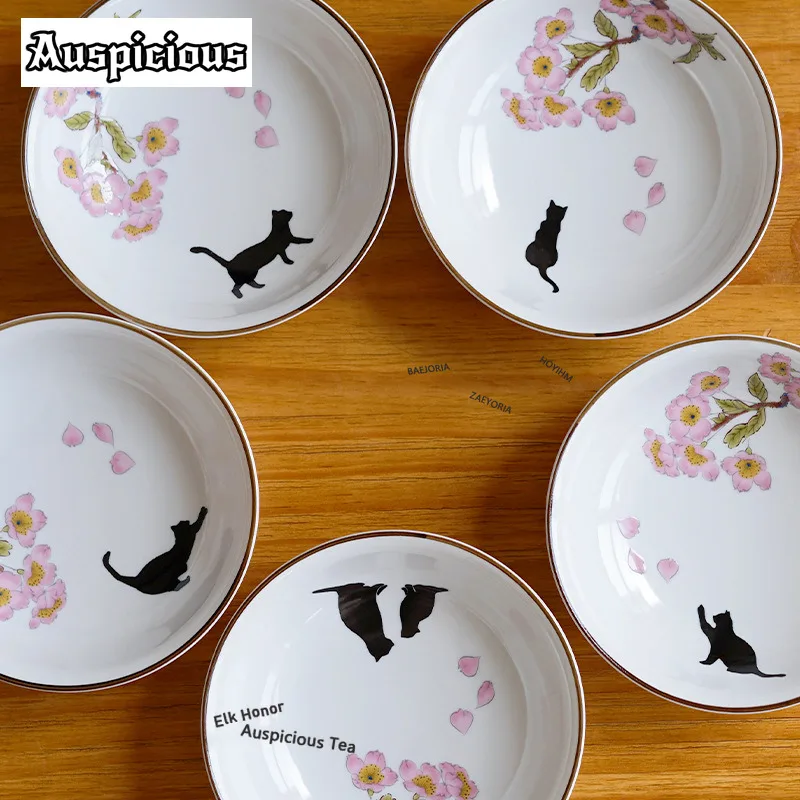 ZAEYORIA Cute Plum Blossom Kitten Small Shallow Bowl Soup Bowls Candy Cake Stand Vegetable Basin Sashimi Bowls Hotel Serveware