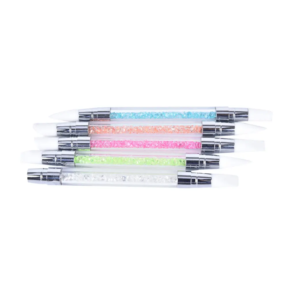 Nail Art Carving Pen Dual End Silicone Tip Clear Acrylic Handle Rhinestone Picker Tool Salon Home Use