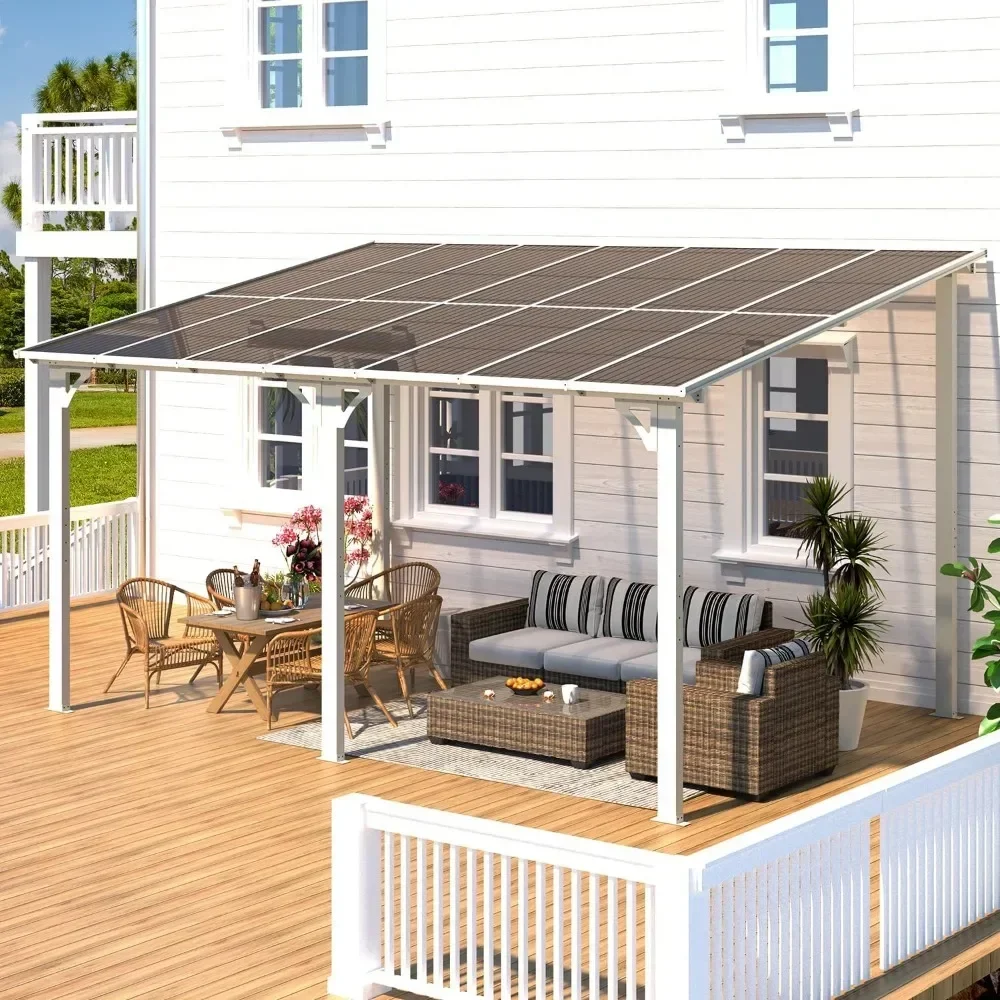 

-14' x 10' Gazebo in White, Large Wall Mounted Gazebos on Clearance, Outdoor Patio Lean to Gazebo Metal Awnings for Decks, Patio