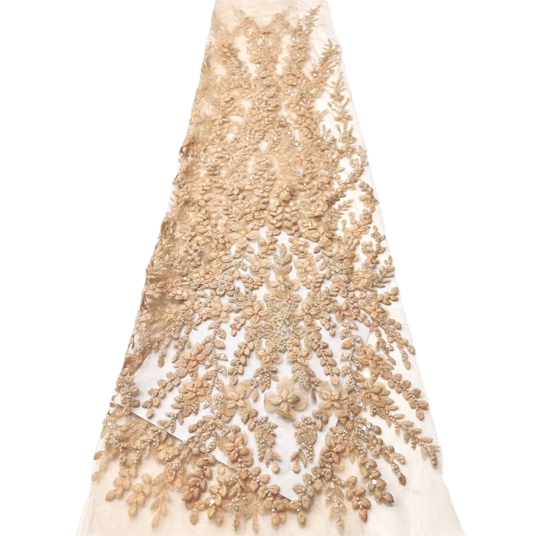 High Quality African French Lace Fabric Mesh Elegant European Floral Embroidery Sequins Beads Tulle Lace for Wedding Party Dress