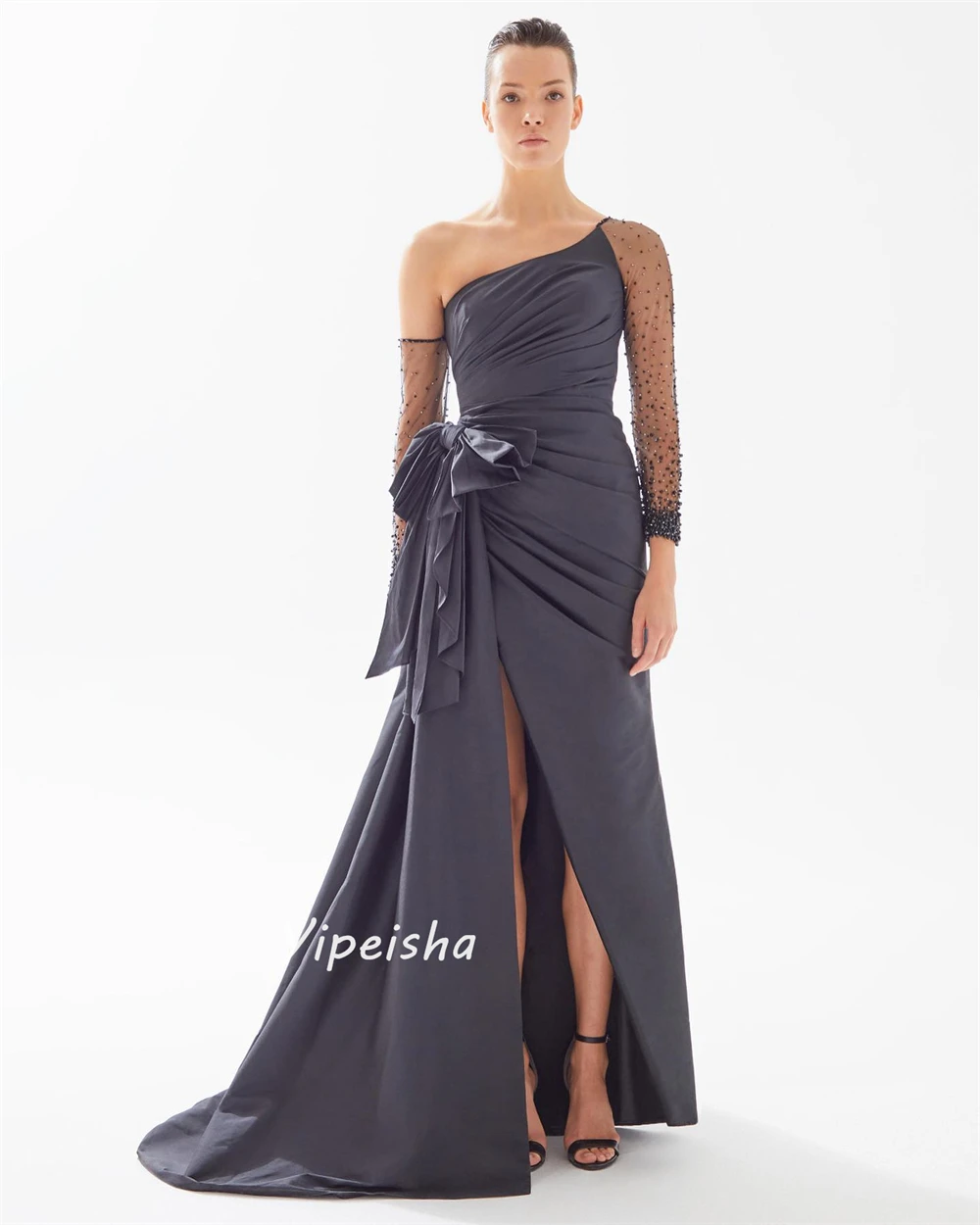 ที่กําหนดเอง Yipeisha แฟชั่นที่กําหนดเองหนึ่งไหล่ A-Line ประดับด้วยลูกปัด Bows Tulle Draped Shirred Charmeuse es