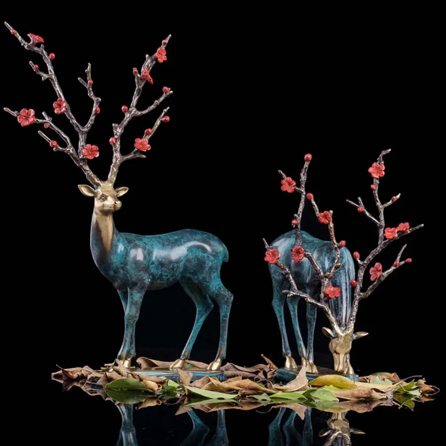 Limited Edition Home store Company SHOP Decor TOP Handmade ART bronze GOOD LUCK FU GUI plum blossom deer Sculpture decor Statue
