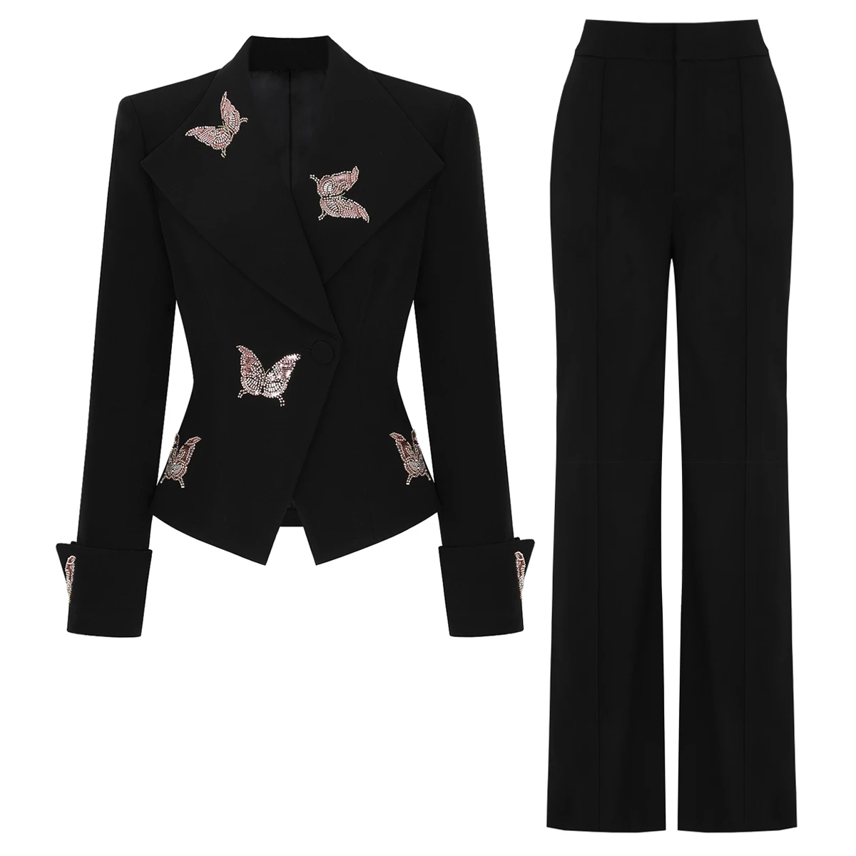 

25309 Women Fashion Commuter 2 Piece Butterfly Suit Set Spring Autumn Nail Bead Temperament Slim Pants Suit Daily Wear