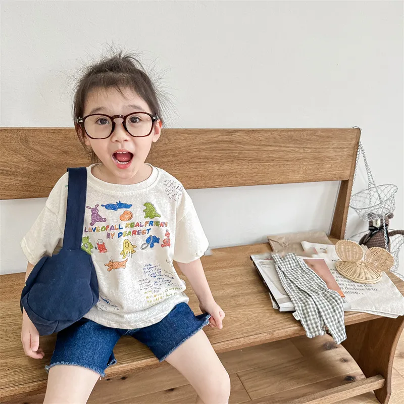 

2024 Summer Children's T-shirt cartoon letters Girls short sleeve Tees cute Boys cotton loose Tops 0-6Y