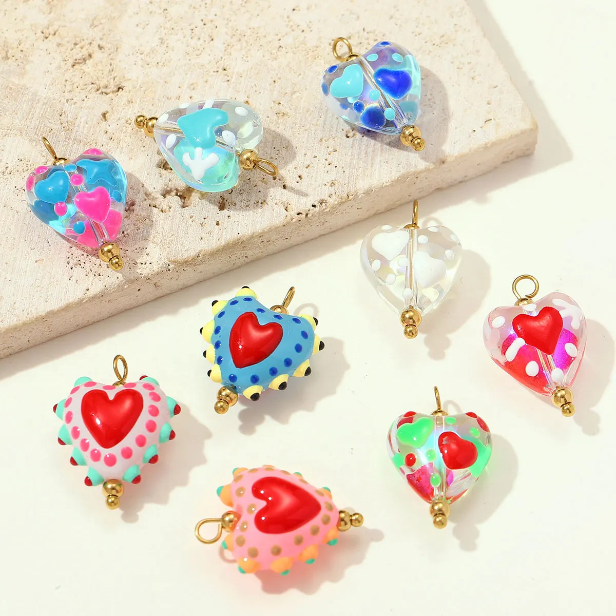 3pcs/Lot Cute Stainless Steel Heart Lampwork Glass Necklace Pendant Love DIY Earring Charms Women Handmade Twisted Wire Jewelry