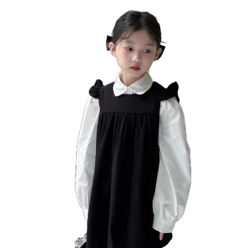 Autumn Style Girls' College Style Shirt with Flutter Sleeves and Dress Set, Baby Girl Vest Dress Two-Piece Set