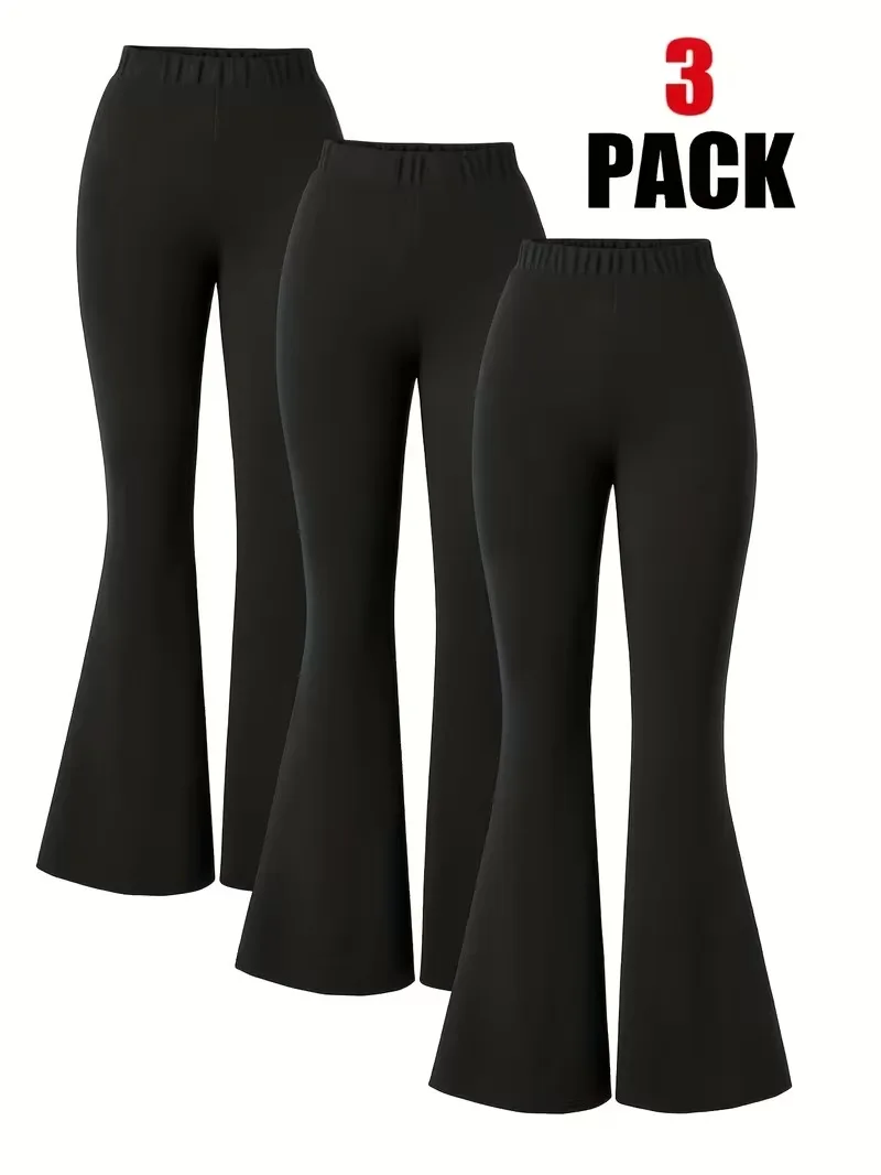 Girls 3-Pack Solid Flared Pants – Black High Waist Elastic Flare Trousers for Kids
