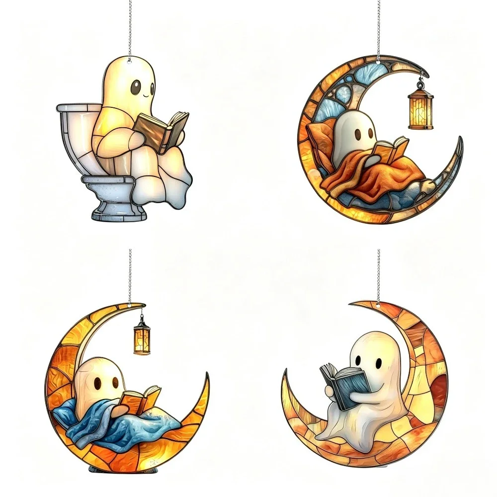 2D Halloween Cute Ghost Stained Glass Suncatcher Window Hanging Ornament Spooky Home Party Holiday Decor Halloween Novelty Gift