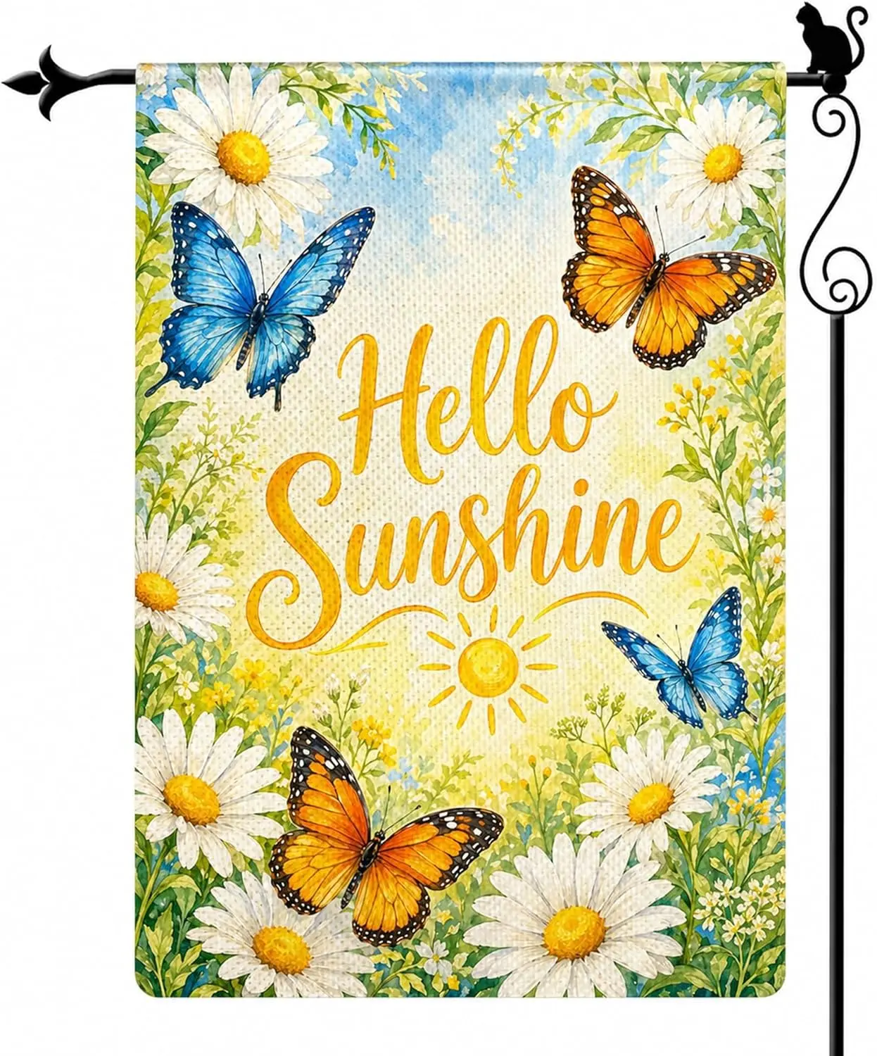 Hello Sunshine Daisy Butterfly Garden Flag, Double Sided 12 x 18 Inch Burlap Outdoor Yard Flag for Porch Patio Lawn Decor PPZ