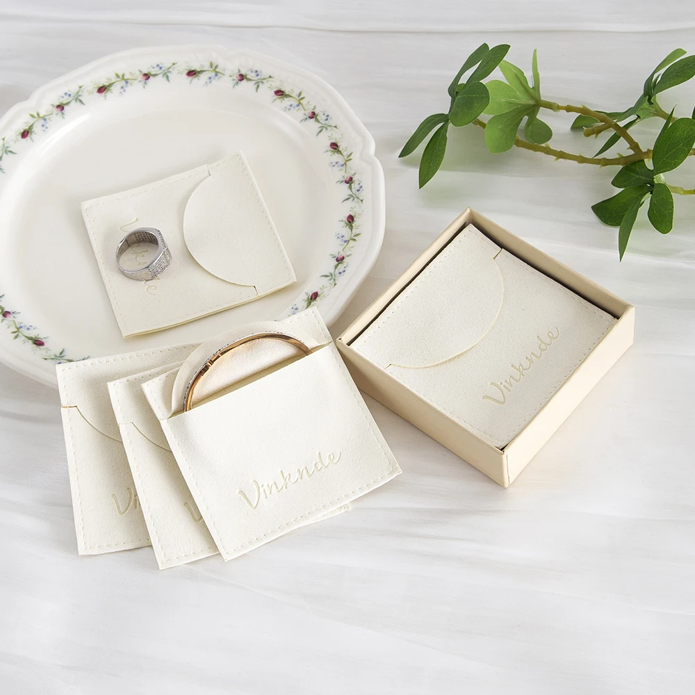 

50Pcs Custom Logo Beige Microfiber Bags Wedding Gift Bijoux Packaging Small Gemstone Jewelry Pouch for Earring Necklace Bracelet