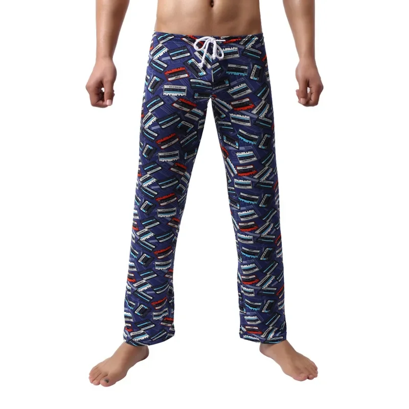 Mens Long Pants Blue Printed Classic Thin Casual Loose Waist Pajama Pants