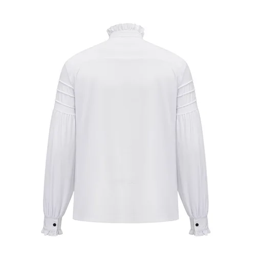Imagen 2 del producto Camisa de algodón blanco con volantes y cuello levantado, mangas largas acampanadas, Cosplay de pirata, camisa victoriana para hombre, ropa Medieval, Top gótico Vintage