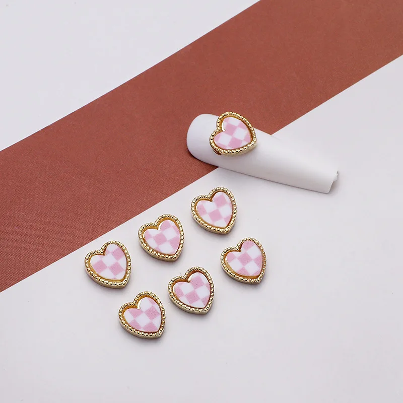 10Pcs Alloy Nail Alloy Plaid Designs Heart Shaped Designs Charms 4 Colors 8x8mm Heart Metal Nail Art 3D Accessories