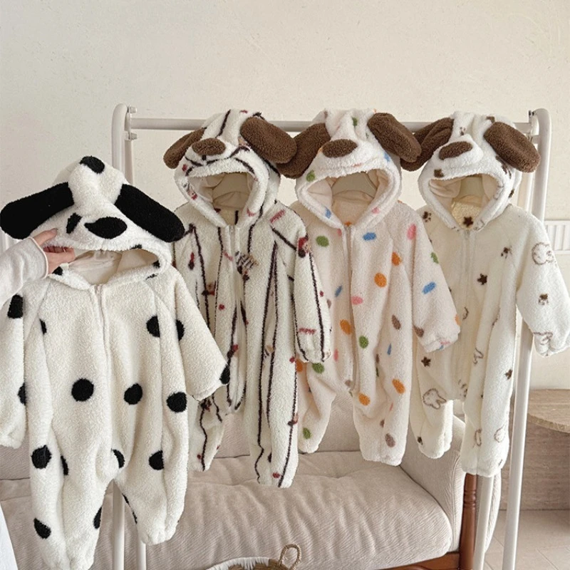 

Winter New Baby Boys Girls Fleece Plush Rompers Onesies Children's Warm Hooded Cute Printed Cartoon Romper Climbing Clothes