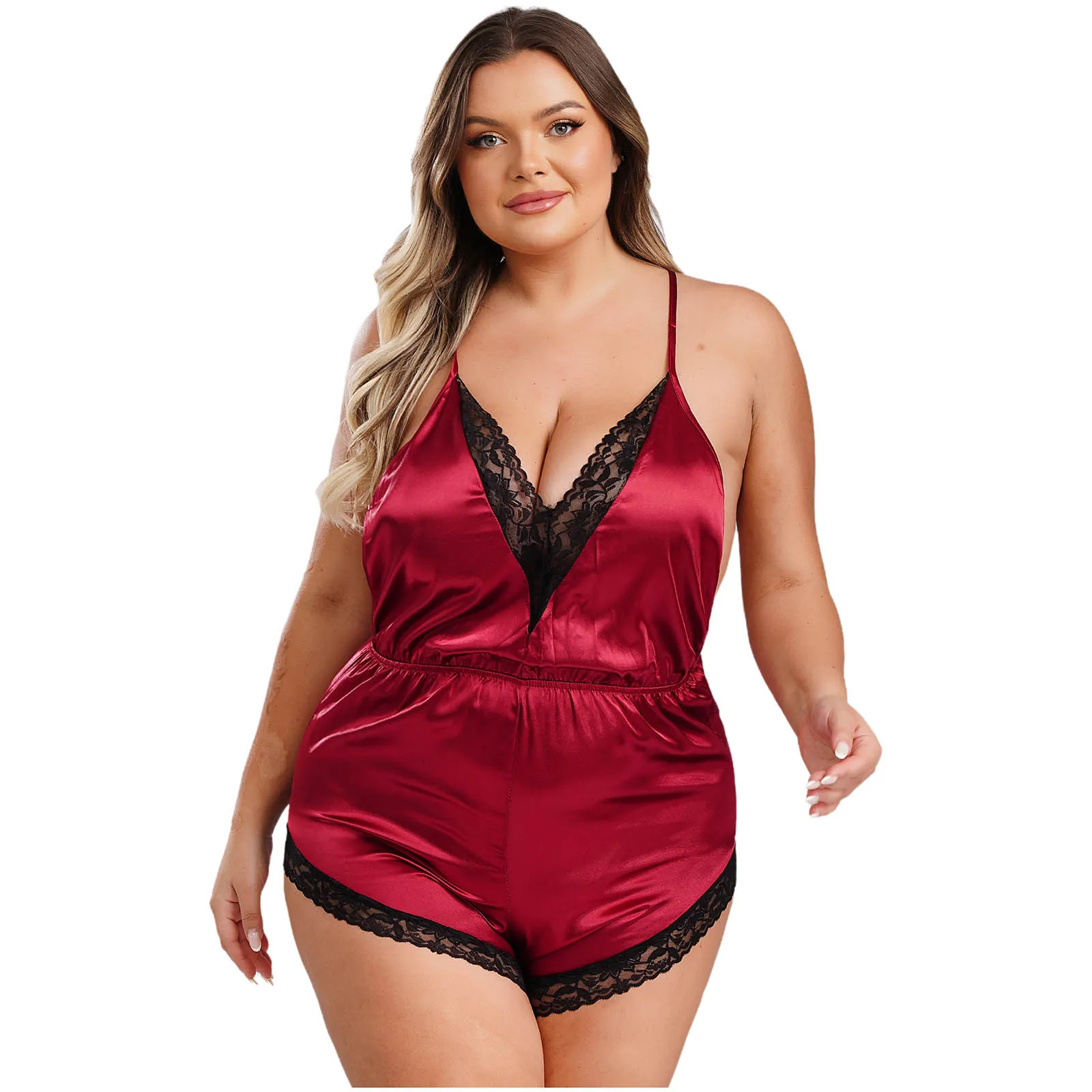 

Womens One-piece Lingerie Onesies Pajamas V-neck Adjustable Spaghetti Strap Lace Trim Satin Jumpsuit Sleepwear Sexy Nightwear