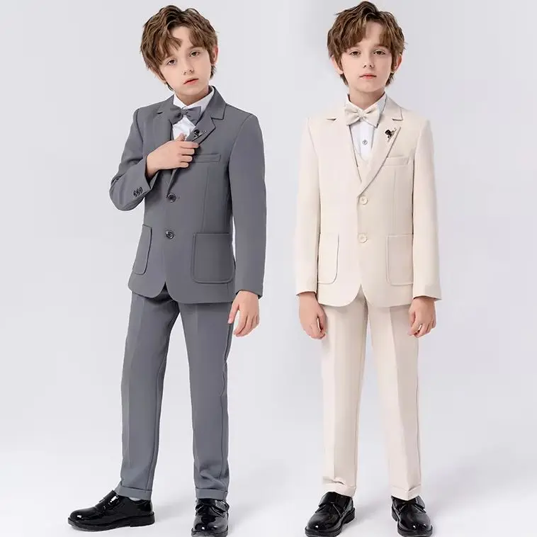 

Gentleman Kids Beige Jacket Vest Pants Bowtie Brooch Photograph Suit Birthday Wedding Party Dress Children Piano Easter Host Per
