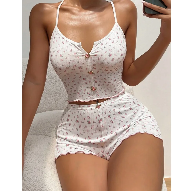 New Arrival American-Style Women's Summer Clothing: Cute Printed Loungewear, Jacquard Ribbed Comfortable Strapless Nightgown Set