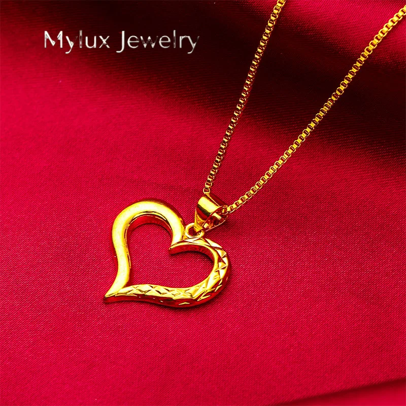Mylux Jewelry Heart Necklace for Women, 24K Gold, AU999 | Matte gold heart with rose carvings & enamel, classic charm for cheong