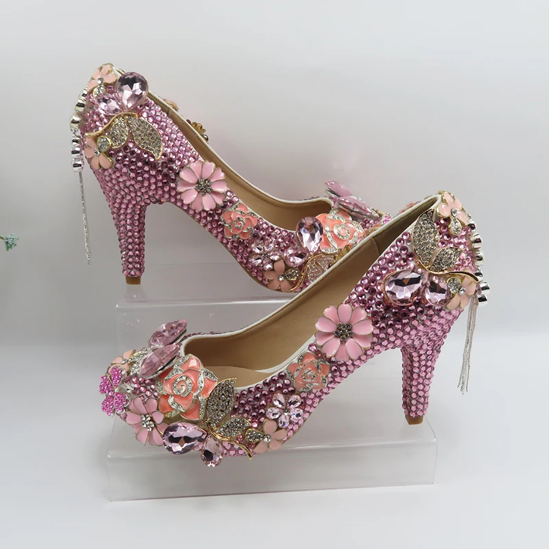 Fashion  Luxury Pink crystal Womens wedding shoes ankle strap Platform shoes woman Flower party dress shoes female high Pumps