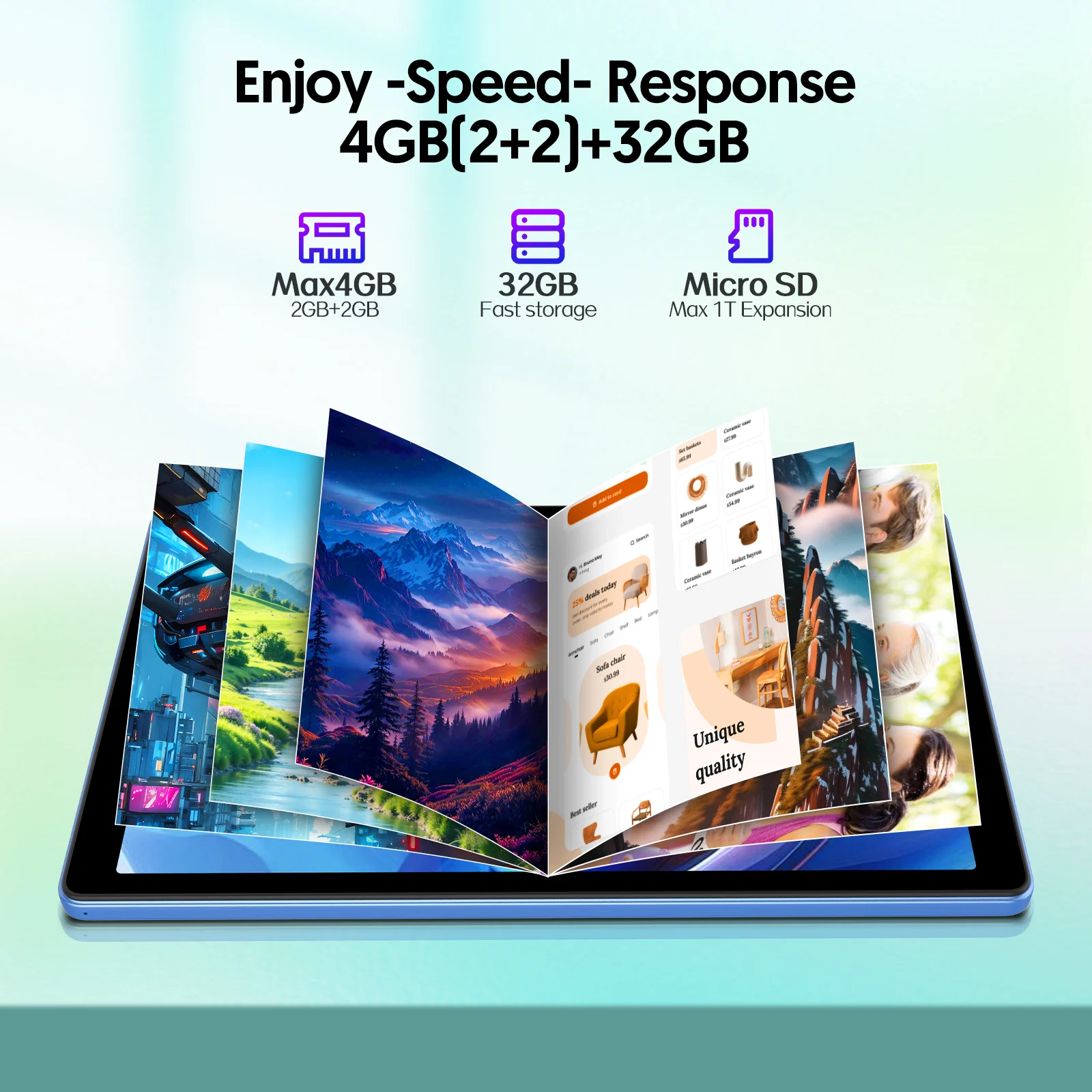 Tablet Android de 10 polegadas, 4 GB (expansão de memória 2G + 2G) RAM + 32 GB ROM, tela 1280x800 IPS, câmeras duplas, WiFi, bateria de 6000 mAh