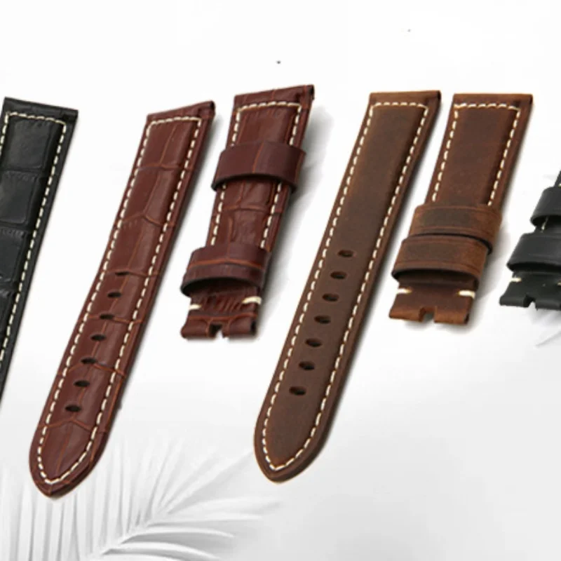 حزام ساعة جلدي عالمي 20/22/24/26 مللي متر عقدة من الخيزران نمط شمع الزيت سوار من الجلد المجنون لساعة بانيراي ريترو