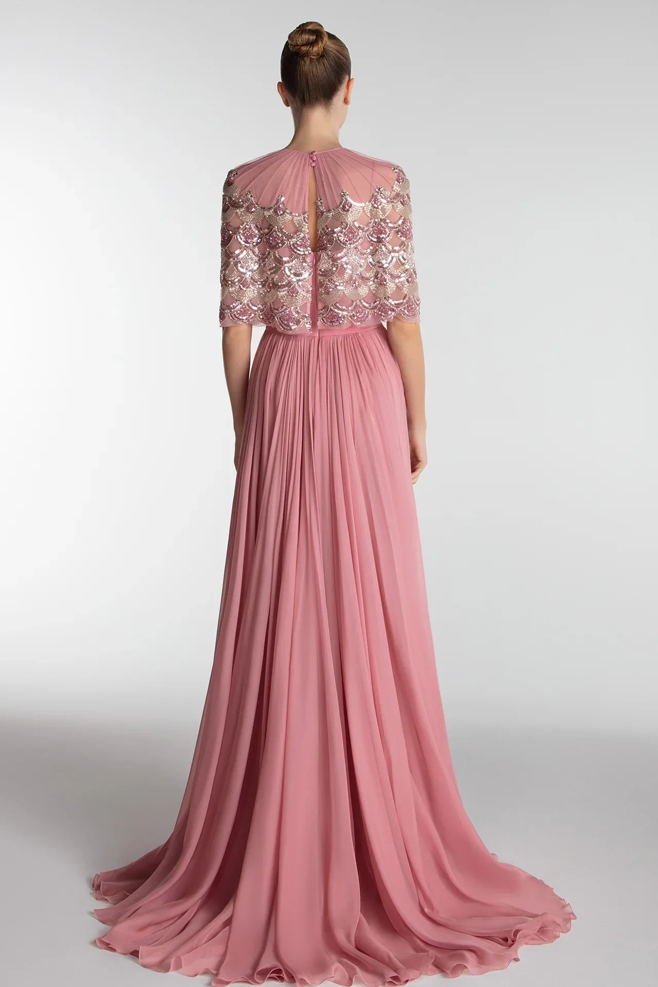 

Fashion Sequins Tulle A-line Thigh Slit Floor Length Prom Gowns Women's High Collar Half Sleeve Evening Dress Party Dress