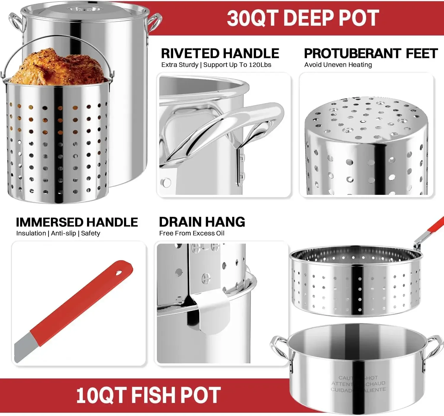 30Qt Turkey 10Qt Fish Fryer Set Stainless Steel Outdoor Propane Burner Seafood Boil Crawfish Boiler Cover Skimmer Included Cooki