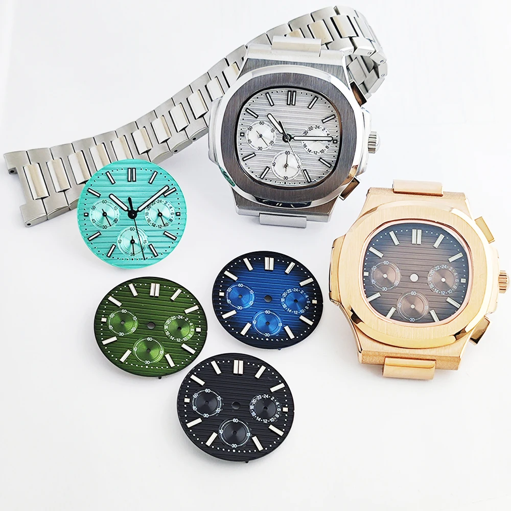 39,5-mm-Chronographen-Uhrengehäuse, 30-mm-Zifferblatt, 6-Pin-Zeiger, Gummi-Edelstahlarmband für Nautilus VK63 Quarzwerk Mod-Teile