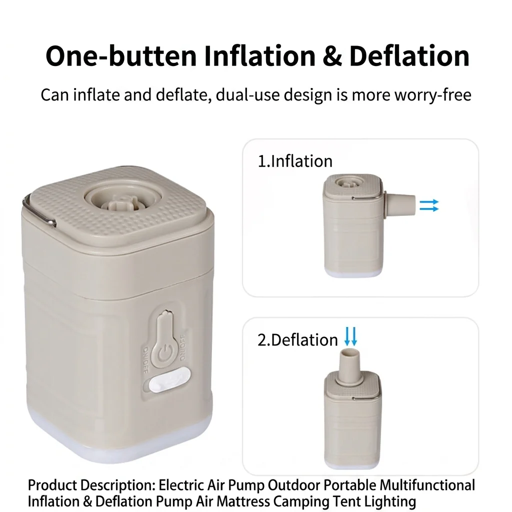 Camping Electric Inflatable Pump 3-in-1 with Lights Wireless Air Compressor for Inflate & Deflate Camping Hiking Equipment