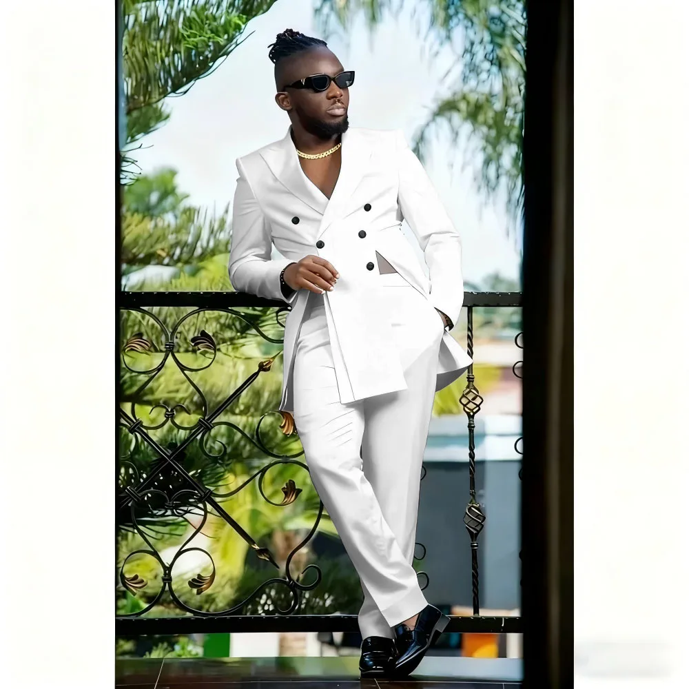 

Комплект костюма из 2 предметов, пиджак, брюки/модный мужской повседневный деловой белый двубортный костюм для жениха, свадебный формальный костюм