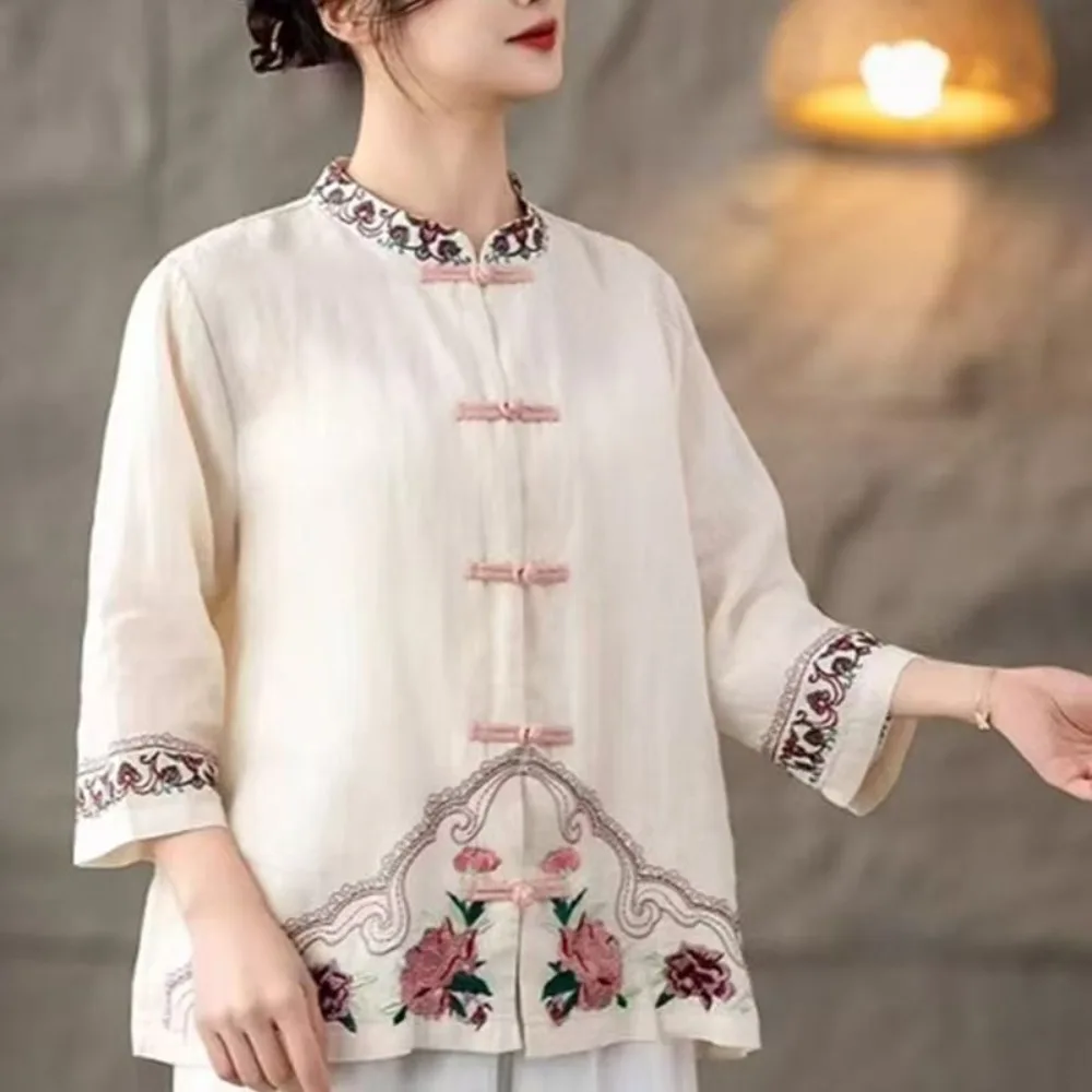 Embroidered Chinese Jacket Women Harakuju New Female Cotton Linen China Tops Loose Casual Vintage Tang Suit Shirt Women
