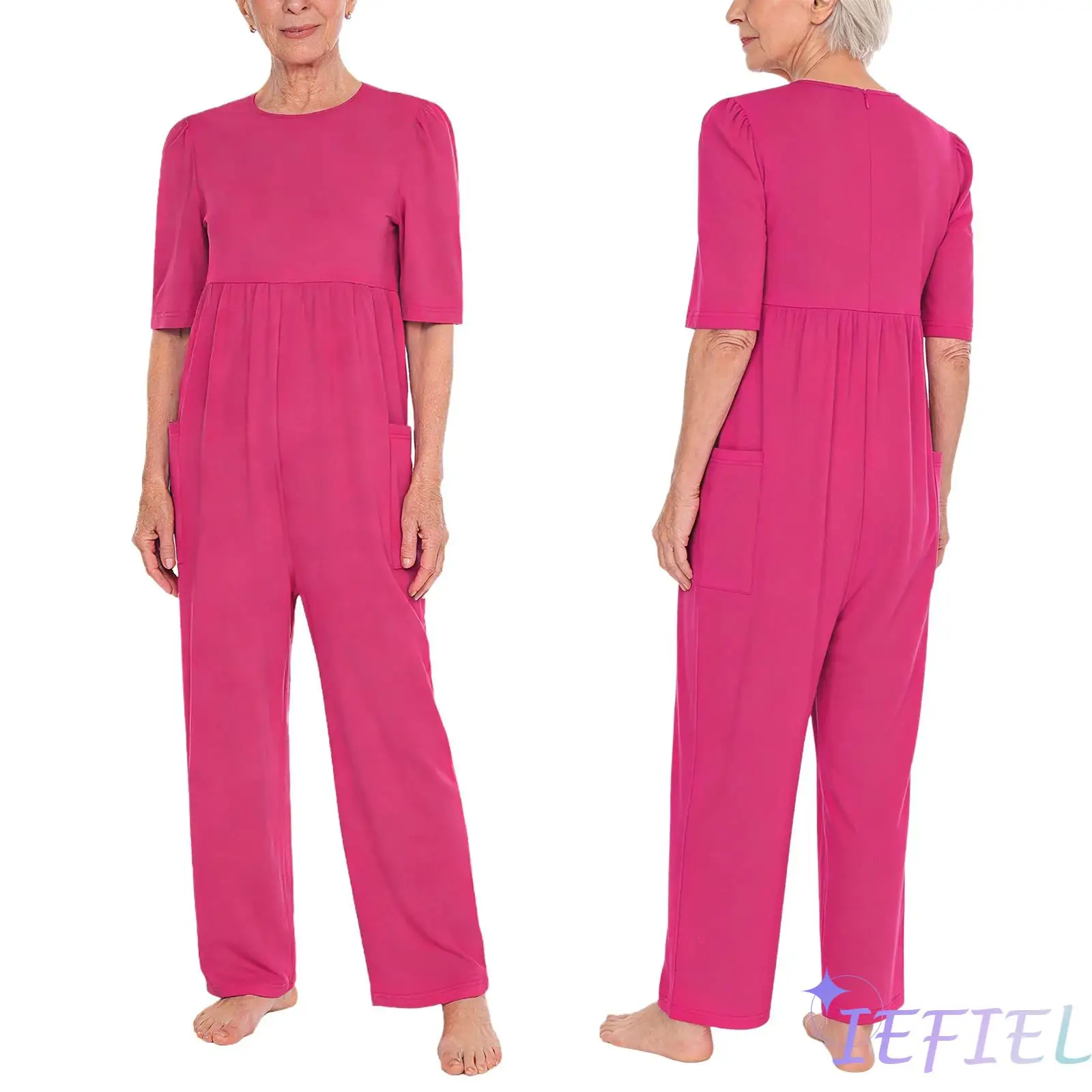 

Adult Female Elderly Special Need Adaptive Jumpsuit Short Sleeve Side Pockets Long Pants Bottom Back Zipper Anti-Strip Unitard