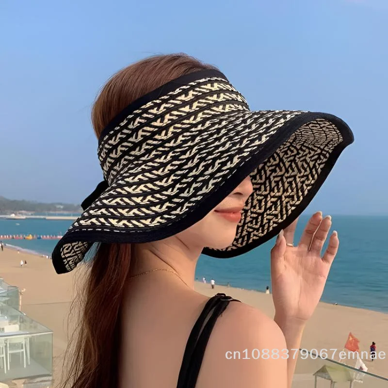 [ZYAS] Cappello da sole da donna con visiera grande, pieghevole, in paglia, estivo, a calotta aperta, per protezione solare, da spiaggia