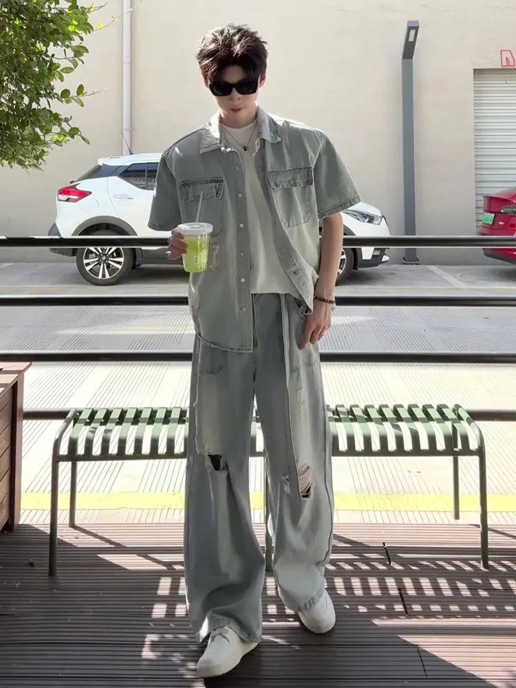 

Washed Blue Short Sleeve Men's Denim Shirt Straight Leg Jeans Hole Design Summer Casual Sport Suit Cool Handsome Outfit Set