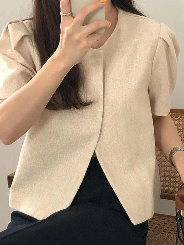 Elegancki damski kardigan na wiosnę i lato z okrągłym dekoltem, krótkim rękawem, o luźnym kroju, z bufiastymi rękawami, prosty i stylowy, modny.