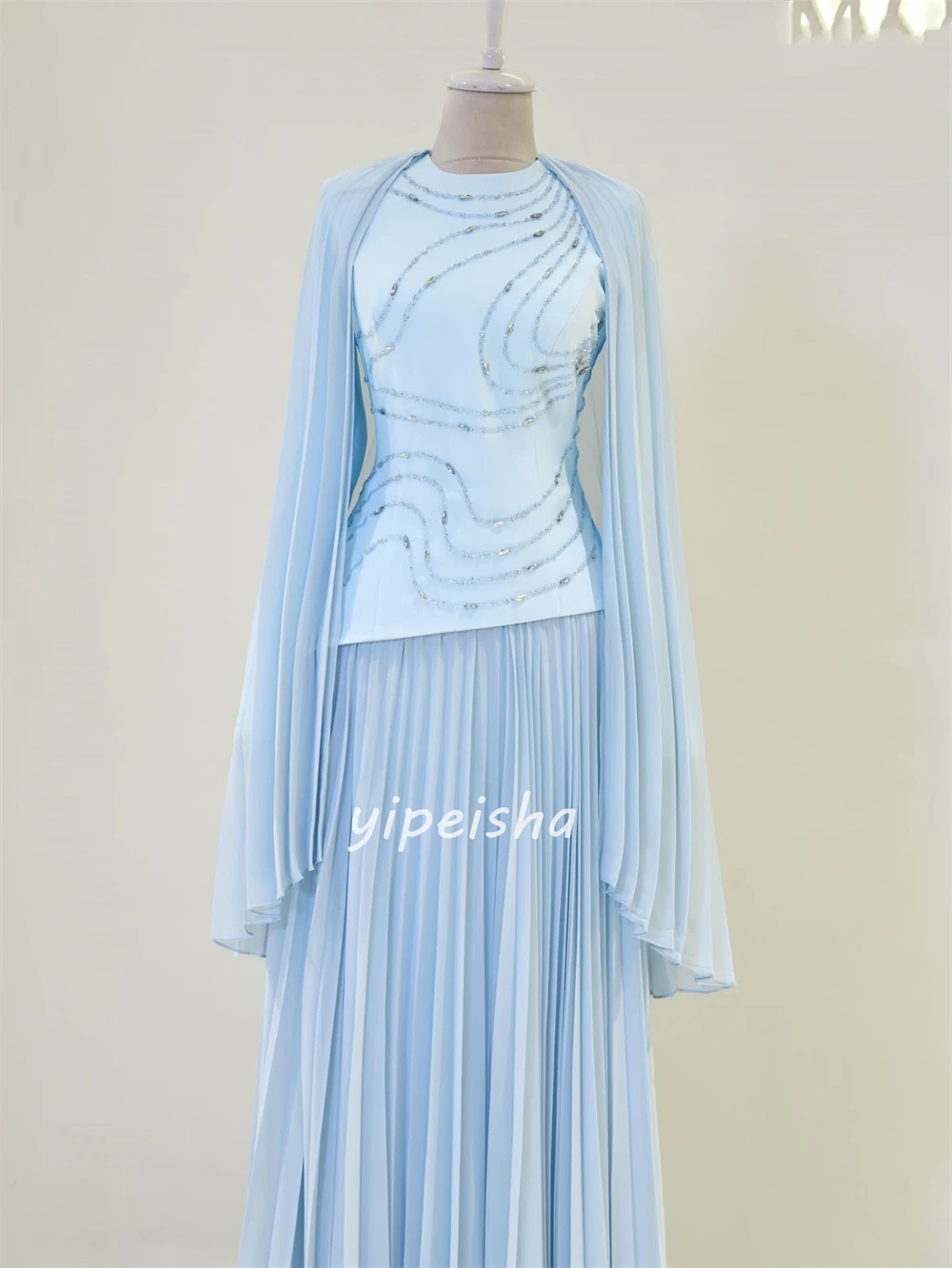 Customized Fashion Women Jersey Beading A-line Evening Dresses O-Neck Long Sleeves Ruched Party Gown Matching Floor Lenght Dress image 5