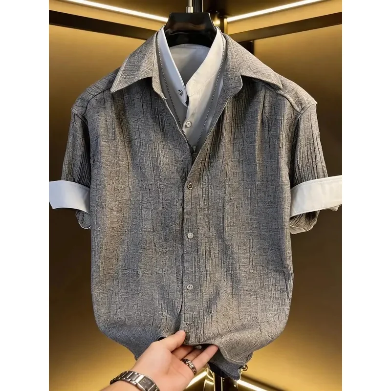 Luxury Texture Men Shirt Fake Two‑Piece Design Short Sleeve Contrast Color Cuff Lapel Summer Casual Tops