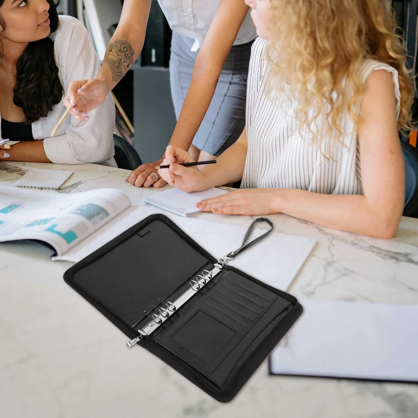 

Briefcase Padfolio Portfolio Binder A5 Size Pu Document Folder Organizer Zipper Hole Punch Pockets Storage Work Folder