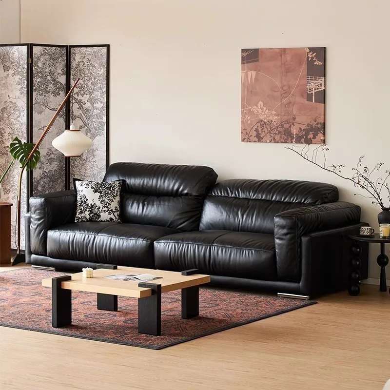 Sofa American medieval style, black retro Bauhaus oil wax first layer cowhide straight row sofa