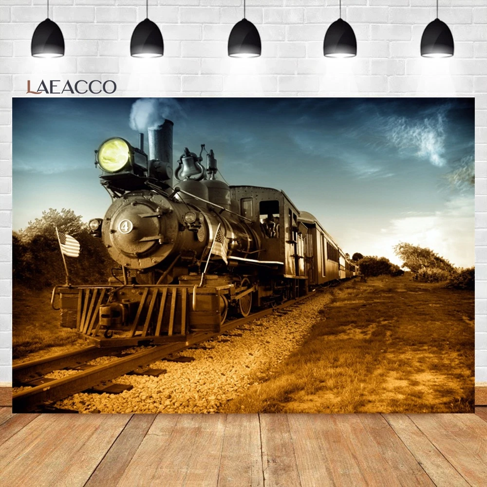 Laeacco Vintage Classic Old Fashioned Steam Locomotive Photography Backdrop Retro Old Train Railroad Tracks Portrait Background