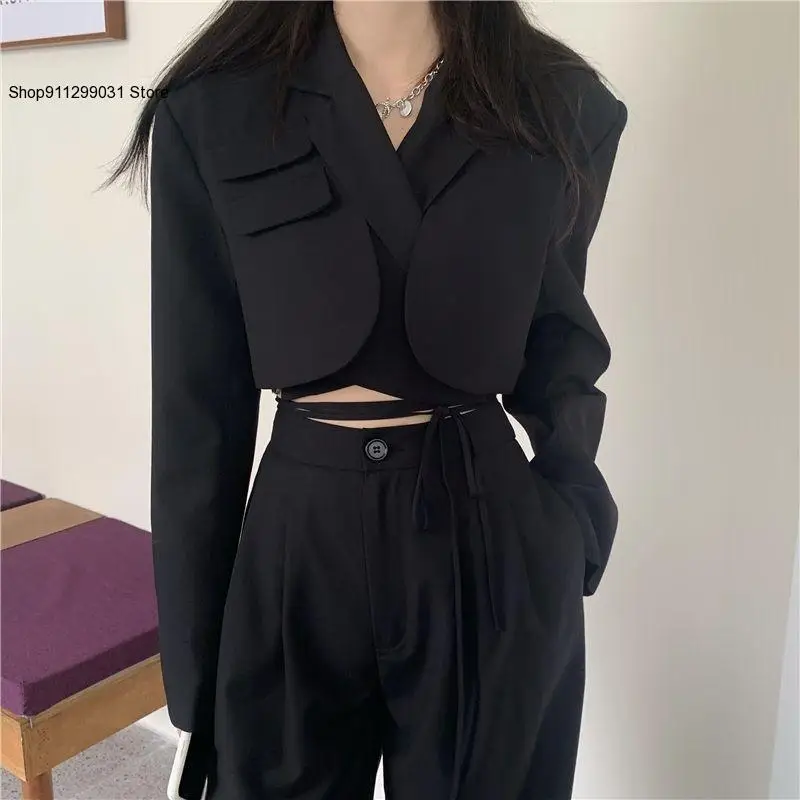 Women Sexy Crop Blazer Jacket High Waist Trousers Suits Wide Leg Pants Outfit 2-Piece Set Fashion for Female Summer