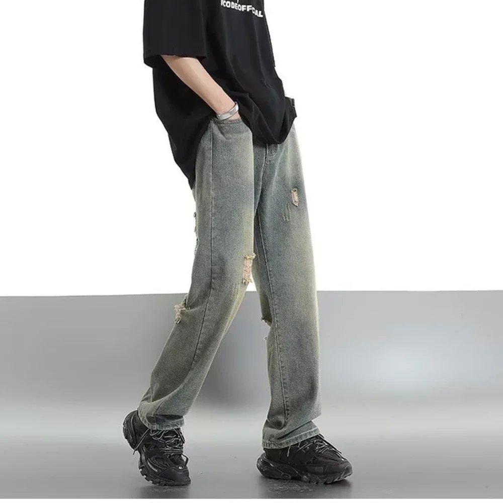 2025 outono jeans buraco fino jeans para homem com estrela de cinco pontas jeans rasgados rua casual azul calças jeans y2k streetwear