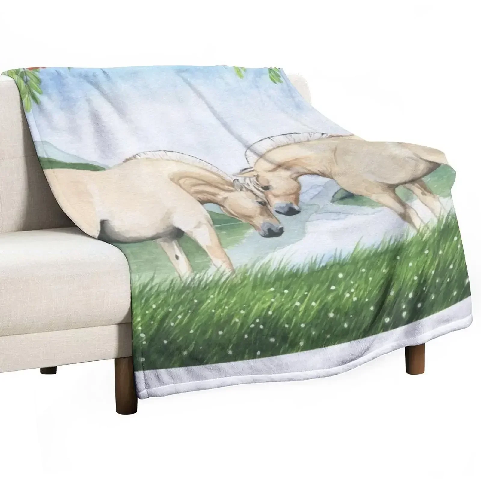 Norwegian horses in a fjord landscape Throw Blanket Bed linens Multi-Purpose warm winter Large Luxury St Blankets