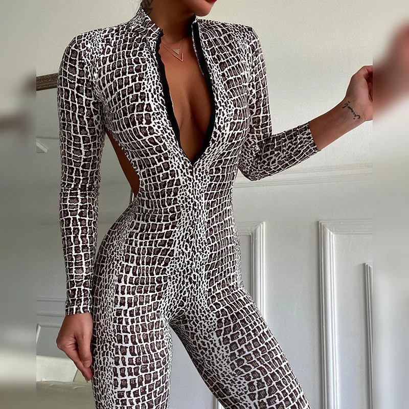 Fashion Snake Printed Jumpsuits One Piece Long Sleeve V Neck Bodycon Ladies Rompers 2022 Sexy Club Party Elegant Backless Outfit