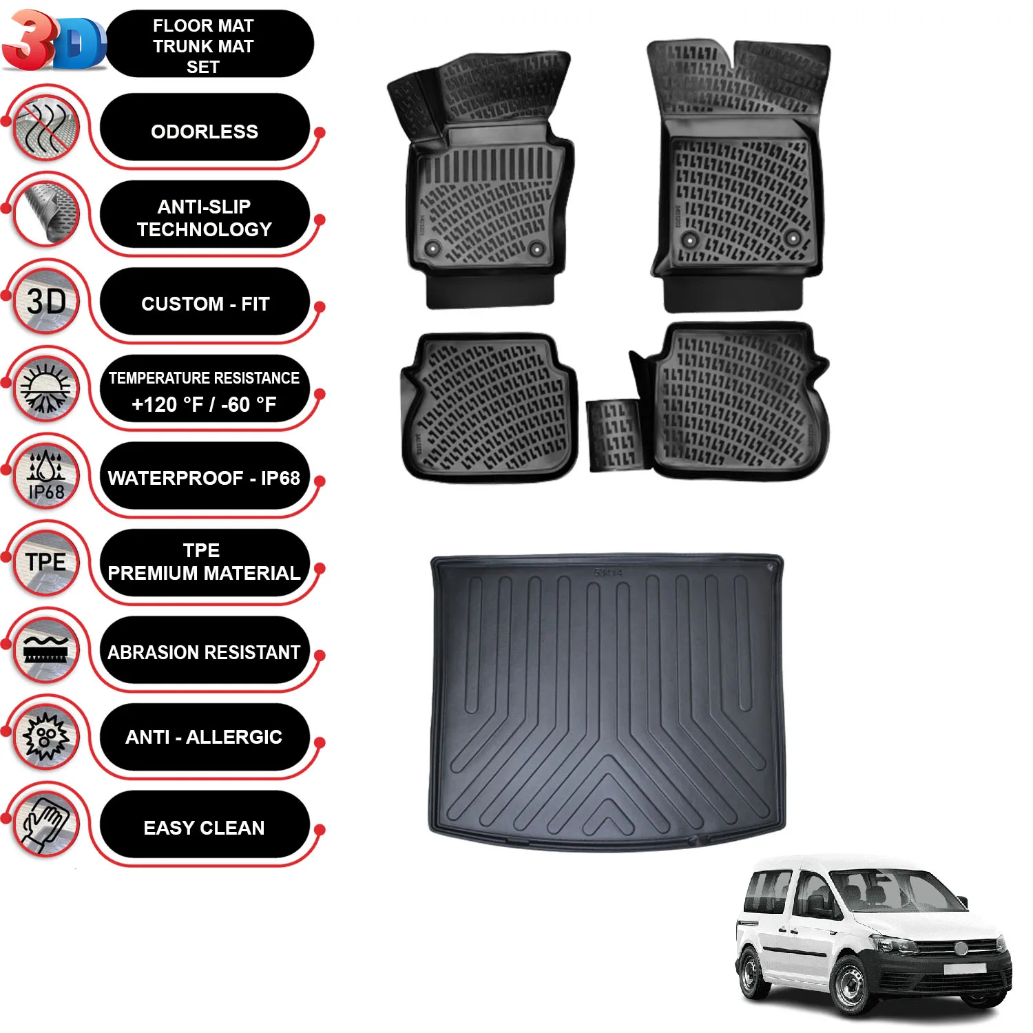 Volkswagen Caddy - (2010-2015) - Floor Mats + Cargo Trunk Liner - SET - (Black)