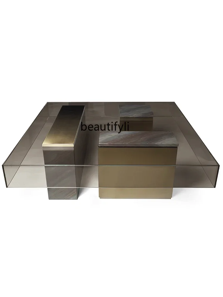 

Italian Affordable Luxury Style Designer Tempered Glass Square Coffee Table Living Room Simple Modern Stainless