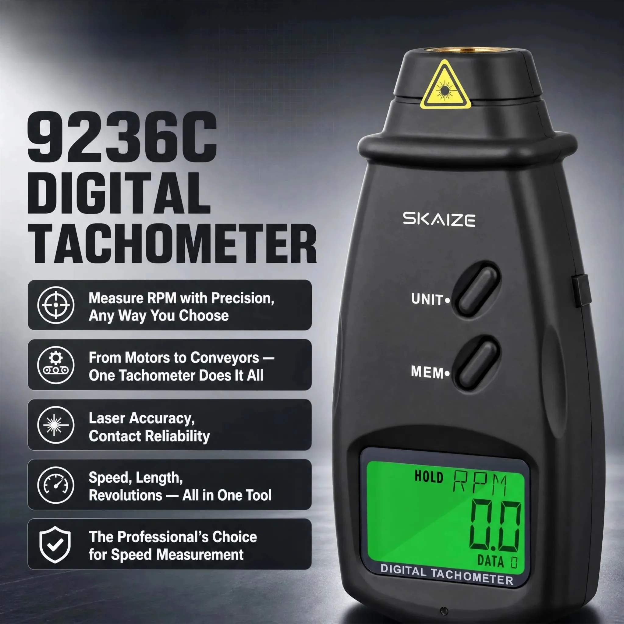 Tacómetro Digital HP-9236C, Medidor de RPM sin Contacto, Fotómetro Láser, 7-99999 RPM, Probador de Velocidad para Diagnóstico de Motores